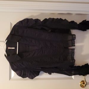 Free People Penelope Sheer Button Front Collared Blouse - Black Size XL